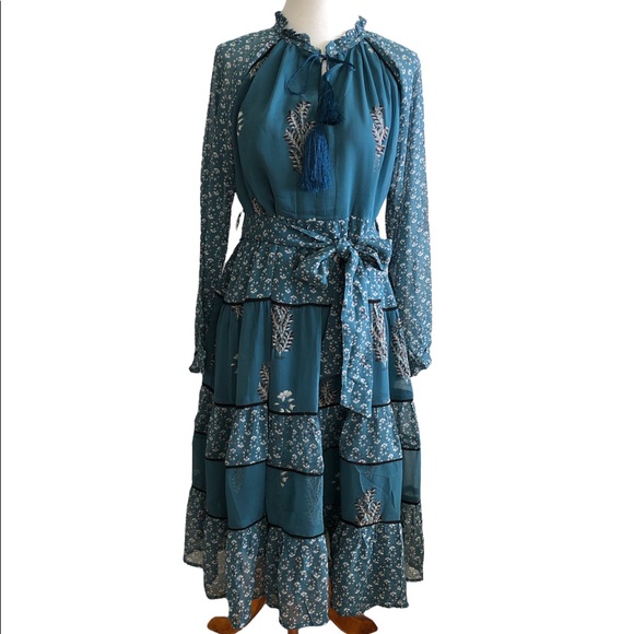 Anthropologie Eliza Tiered Kopal Boho Teal Peasant Dress Size XS $288 - Picture 4 of 13